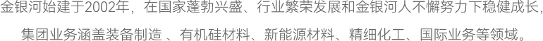 金銀河始建于2002年，在國(guó)家蓬勃興盛、行業(yè)繁榮發(fā)展和金銀河人不懈努力下穩(wěn)健成長(zhǎng)，
集團(tuán)業(yè)務(wù)涵蓋裝備制造 、有機(jī)硅材料、新能源材料、精細(xì)化工、國(guó)際業(yè)務(wù)等領(lǐng)域。